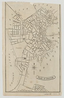 1813 map of Boston by Edward Cotton. The image is black and white, and shows the peninsula of Boston and its irregular streets, with the Charles River to the north and west, and Boston Harbor to the east.