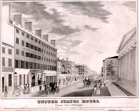 The United States Hotel (left), Philadelphia, site of Gibson's death in 1853