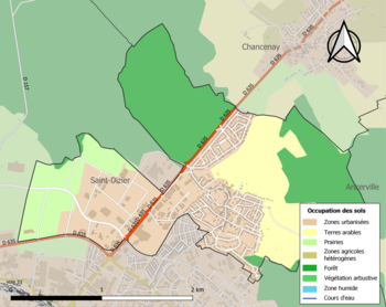 Kaart van de gemeente met de belangrijkste infrastructuur, bodemgebruik en omliggende gemeenten