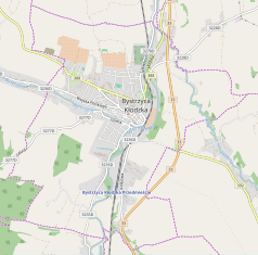 Mapa konturowa Bystrzycy Kłodzkiej, w centrum znajduje się punkt z opisem „Posąg św. Jana Nepomucena w Bystrzycy Kłodzkiej”