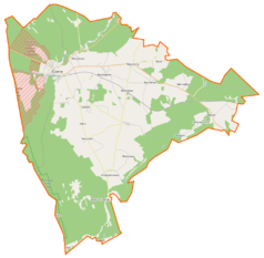 Mapa konturowa gminy Czarne, blisko centrum u góry znajduje się punkt z opisem „Raciniewo”