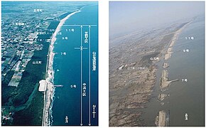 Deiche in Sendai vor (links) und nach dem Tsunami, der 190 der insgesamt 300 km an Küstenschutzanlagen in Japan zerstörte.[27]