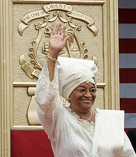 Ellen Johnson-Sirleaf tijdens haar inauguratie als president van Liberia op 16 januari 2006.