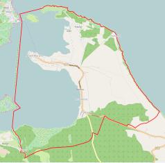 Mapa konturowa Nowego Warpna, na dole znajduje się ikonka pałacu z opisem „Pałac w Karsznie”