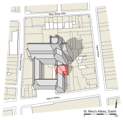 Axonometrisches Modell von St. Mary's Abbey (der bis heute erhaltene Kapitelsaal in roter Farbe)