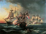 Battle between the French warship Droits de l'Homme and the British frigates Amazon (right) and Indefatigable (left), 13 & 14 January 1797.