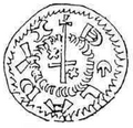 Béla herceg, a későbbi I. Béla király Nyitrán 1048-1060 közt vert pénze, körirata: BELA DVX