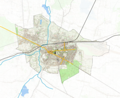 Mapa konturowa Chełma, po lewej znajduje się punkt z opisem „Parafia Straży Granicznej bł. Władysława Miegonia”