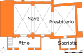 Floor plan of the church showing the church porch (atrio), nave, Presbytery, and sacristy (sacristía).