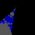 Bail-out radius is increased to √8 to place the outer ring artifact out of sight beyond the top right corner. Blue/grey show odd/even number of iterations to bail-out. More self-similar structure is visible.