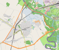 Mapa konturowa Terespola, w centrum znajduje się punkt z opisem „Cmentarz prawosławny w Terespolu”