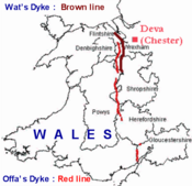 Lage von Wat’s Dyke (braune Linie) und Offa’s Dyke (rote Linie)