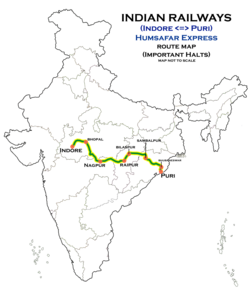(Puri - Indore) Humsafar Express route map