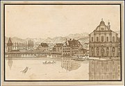 Kapellbrücke mit Freienhof als Südtor (vor der ersten Aufschüttung von 1833)