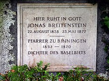 Grab von Jonas Breitenstein (1828–1877) Pfarrer zu Binningen 1852–1870. Dichter des Baselbiets im Nordteil des Friedhofs von Binningen.
