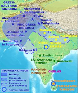 Territory of the Indo-Greeks during the time of Menander I, with farthest expeditions shown in blue dashed lines.