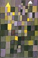 Paul Klee: Architektur, 1923. Klee verwendet den eher ausgefallenen Komplementärkontrast Gelb – Violett. Die vielfältigen Mischungen vermitteln und verbinden.