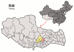 Location of Maizhokunggar County (red) within Lhasa City (yellow) and Tibet Autonomous Region