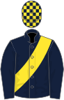 Dark blue, yellow sash, checked cap