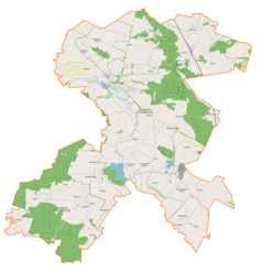 Mapa konturowa gminy Pińczów, na dole po prawej znajduje się punkt z opisem „Parafia św. Jana Chrzcicielaw Zagości”