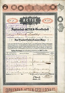 Gründungsaktie der Sophienbad-Actien-Gesellschaft über 500 Gulden, ausgegeben in Wien am 15. November 1845, eingetragen auf Dr. A. Gredler und mit seiner Unterschrift als Präsident. Franz Morawetz, Initiator der Gründung, unterschrieb die Aktie als Lokaldirektor.
