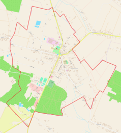 Mapa konturowa Łopuszna, blisko centrum u góry znajduje się punkt z opisem „Pałac Dobieckich w Łopusznie”