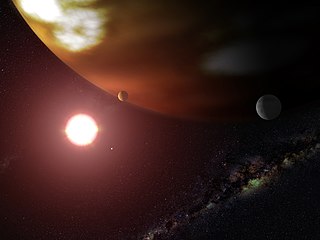 Künstlerische Darstellung von Gliese 876 und dem Planeten Gliese 876 b mit hypothetischen Exomonden