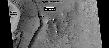 Layers under cap rock of a pedestal crater, as seen by HiRISE under HiWish program. Pedestal crater is within the much larger Tikhonravov Crater.