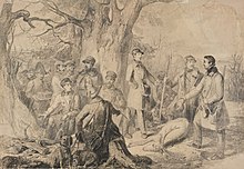 Zeichnung einer Jagdpartie mit erlegtem Hirsch