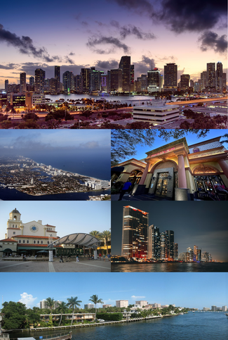 From top (left to right): Greater Downtown Miami, Fort Lauderdale, Sawgrass Mills, The Square at West Palm Beach, Sunny Isles Beach, and Boca Raton