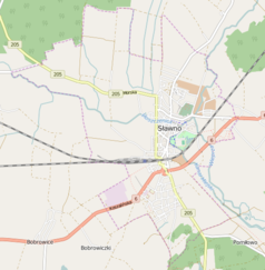 Mapa konturowa Sławna, w centrum znajduje się punkt z opisem „Parafia pw. Wniebowzięcia Najświętszej Maryi Panny w Sławnie”