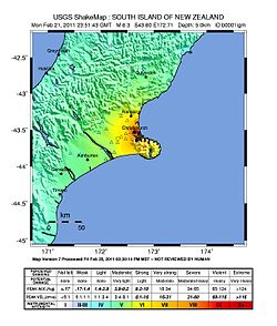 A rengés intenzitása az USGS térképén