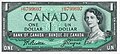 A Bank of Canada 1954-es széria 1 dollárosának előoldala II. Erzsébet ifjú portréjával.