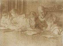 Julia Stephen at Talland House supervising Thoby, Vanessa, Virginia and Adrian doing their lessons, summer 1894