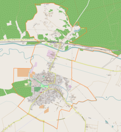 Mapa konturowa Drezdenka, blisko centrum po lewej na dole znajduje się punkt z opisem „Kościół Przemienienia Pańskiego w Drezdenku”