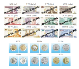YTL banknotları ve madeni paraları