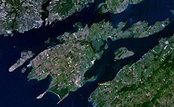 Satellite view of Frontenac Islands, with Wolfe Island being the largest