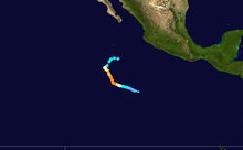 A track map of the path of a hurricane over the Eastern Pacific Ocean