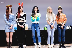 Apink in April 2022 (From left to right: Chorong, Hayoung, Namjoo, Bomi, Eunji)