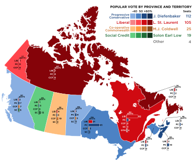 1957 yılındaki sınırları ile tanımlanmış bir Kanada illeri ve toprakları haritası. Farklı renkler farklı partilerin zaferlerini gösterir. Harita Kanada Liberal Partisi'nin Quebec, New Foundland, Yukon ve Kuzeybatı Topraklarını, Sosyal Güven'in Alberta, İşbirlikçi Milletler Topluğu Federasyonu'nun Saskatchewan ve Muhafazakar Parti'nin Britanya Kolumbiyası, Manitoba, Ontario, Prens Edward Adaları, New Brunswick ve Nova Scotia'yı kazandığını gösterir.