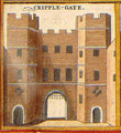 An engraving showing Cripplesgate before it was demolished in 1760