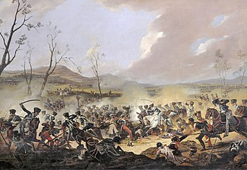 Painting shows cavalrymen with sabers attacking infantrymen armed with muskets.