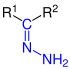 Allgemeine Struktur der Hydrazone mit der blau markierten Hydrazo-Gruppe. R = H oder Organylgruppe