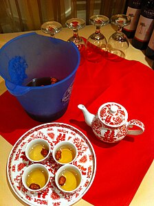 Chinese wedding ceremony teaware, with double happiness characters on them