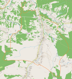 Mapa konturowa Sułkowic, w centrum znajduje się punkt z opisem „Parafia Najświętszego Serca Pana Jezusa w Sułkowicach”