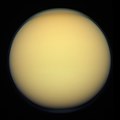 Image 8Titan is the largest moon of Saturn and the second-largest in the Solar System. It is the only moon known to have an atmosphere denser than the Earth's, and is the only known object in space other than Earth on which clear evidence of stable bodies of surface liquid has been found. (Full article…)