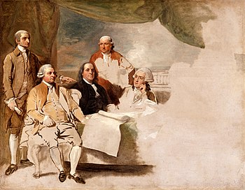 Vertrag von Paris von Benjamin West, das Gemälde stellt John Jay, John Adams, Benjamin Franklin, Henry Laurens und William Temple Franklin dar, der britische Abgeordnete weigerte sich, Modell zu sitzen, so dass das Bild nie vollendet wurde.