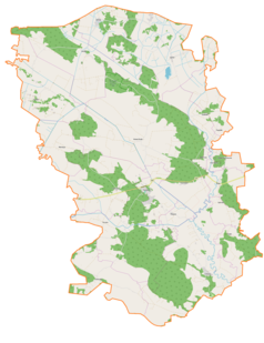 Mapa konturowa gminy Turośl, w centrum znajduje się punkt z opisem „Parafia pw. Świętego Jana Chrzciciela w Turośli”