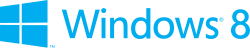 Logo: Schriftzug „Windows 8“ (in Fettdruck, hellblau, serifenlos), links daneben, ebenfalls in Hellblau, das neue Windows-Logo: Aus dem vorherigen Windows-Logo wurde eine geometrische Form entwickelt, die die Impressionen eines Fensters, des Ursprungs des Namens Windows, und Kacheln der neuen Modern-UI-Oberfläche miteinander vereint.