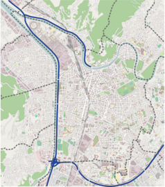 Mapa konturowa Grenoble, po prawej znajduje się punkt z opisem „Stade des Alpes”